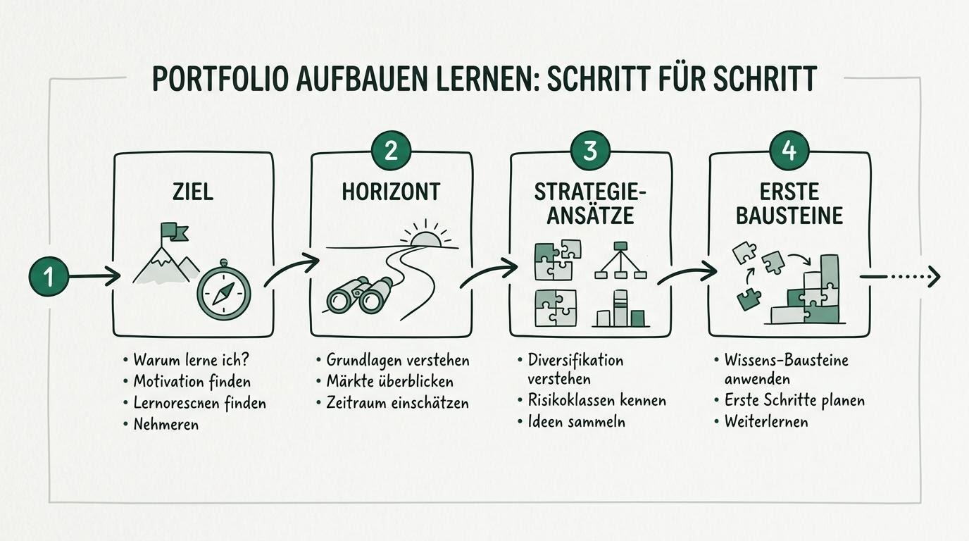 Vereinfachte Ablaufskizze mit nummerierten Etappen vom Ziel über den Horizont bis zu den ersten Bausteinen eines Portfolios